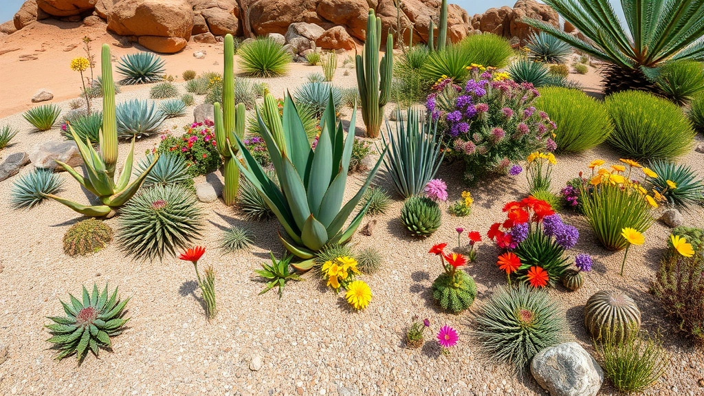 Wide-angle shot of Desert Garden with diverse succulent plants including tall agave, aloe, and colorful desert flowers scattered across sandy soil with gravel mulch and natural rock formations