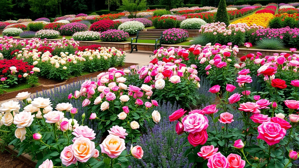 Rose Garden in full bloom with hundreds of rose varieties in different colors arranged in tiered beds, companion plantings of lavender and catmint interspersed, garden benches visible among the plantings