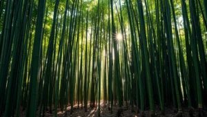 Lush bamboo forest with tall green culms densely packed together, morning sunlight filtering through leaves, soil and rhizomes visible at base