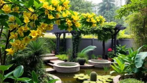 Lush tropical Bangkok garden with vibrant green Bougainvillea flowers, shade pergola with climbing vines, water feature pond, and layered plantings in humid afternoon light