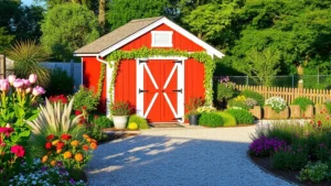 Rustic red barn-style garden shed with white trim and peaked roof nestled among flowering perennials and climbing vines, morning light casting long shadows across gravel pathway