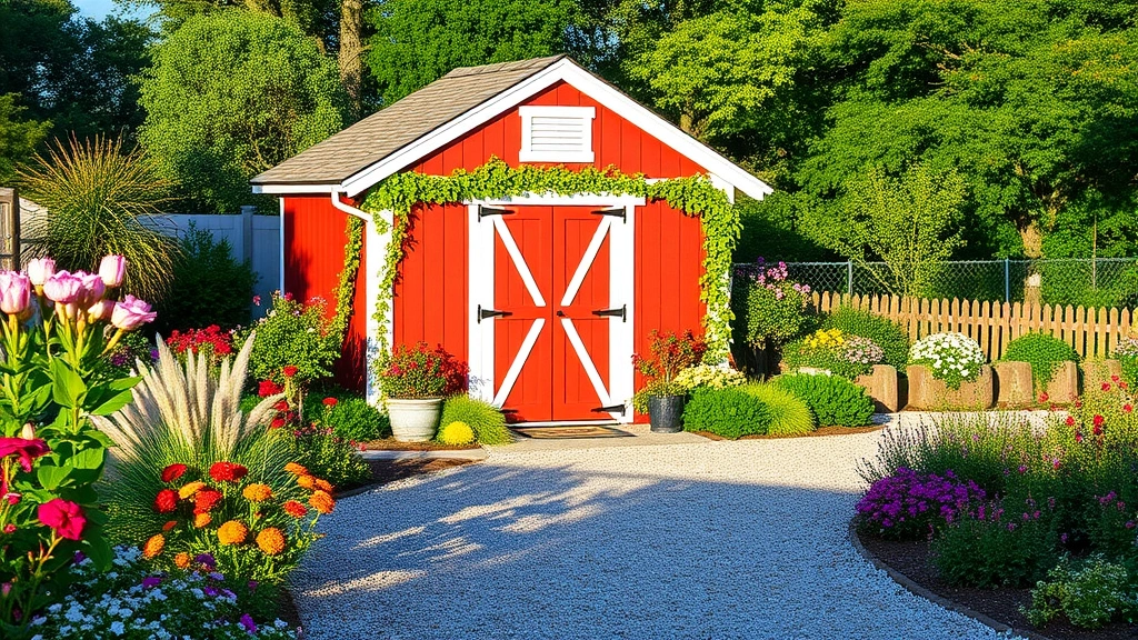 Rustic red barn-style garden shed with white trim and peaked roof nestled among flowering perennials and climbing vines, morning light casting long shadows across gravel pathway