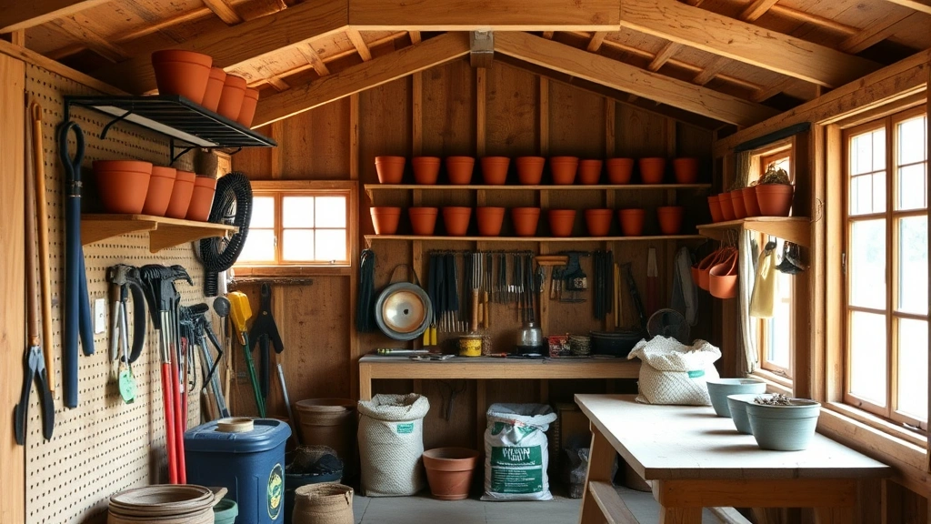 Interior view of organized barn garden shed showing pegboard tool storage, overhead racks with terracotta pots, sturdy wooden workbench with potting soil bags, and natural light from windows