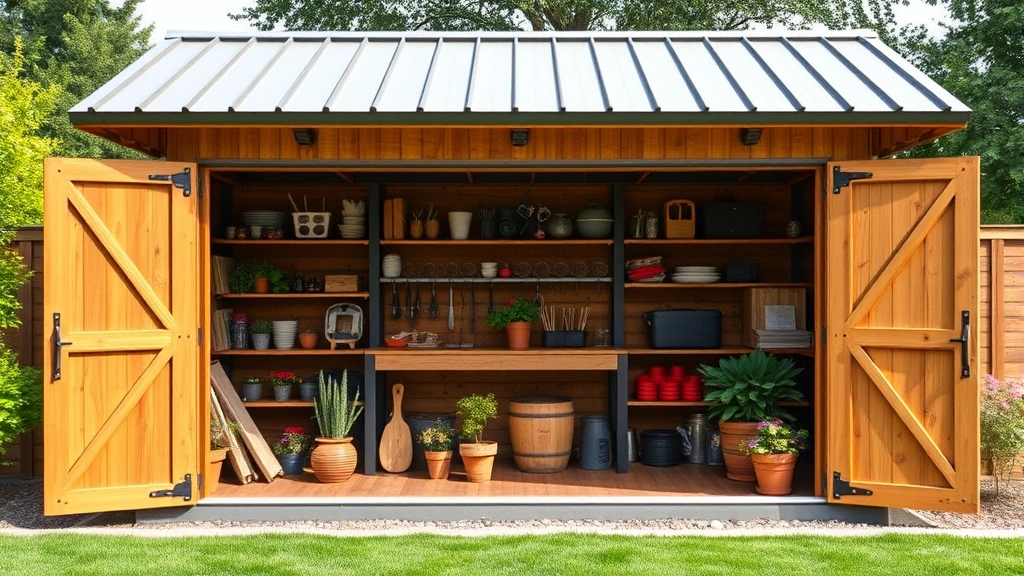 Modern barn garden shed with metal roofing and wide double doors open, revealing interior shelving systems with organized gardening supplies, flower pots, and seasonal storage items