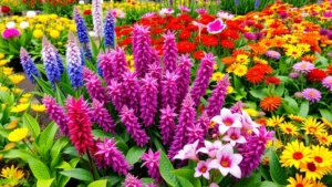 Close-up of vibrant spring perennials and flowering plants in nursery beds with lush green foliage and colorful blooms