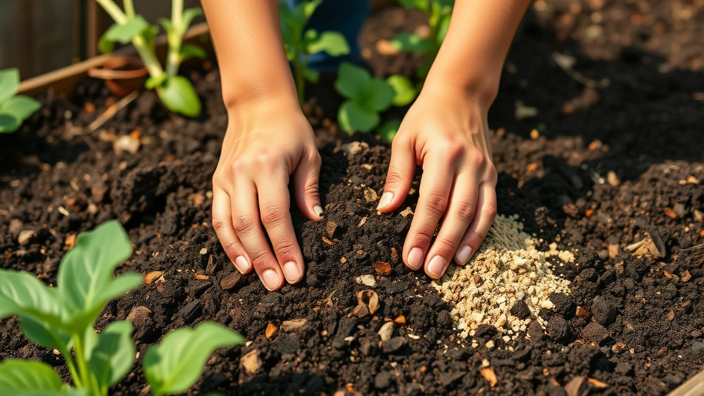 Gardener's hands working with rich, dark organic compost and soil amendments in raised garden bed with morning sunlight