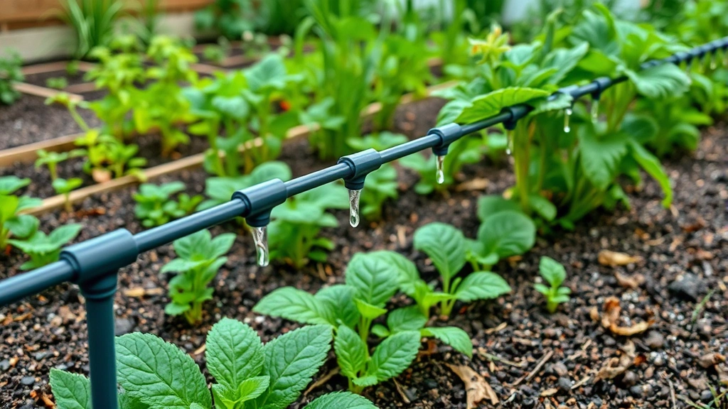Modern drip irrigation system installed in vegetable garden with water droplets on plants and organized garden layout