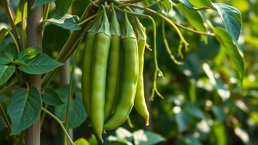 Close-up of vibrant green snap bean pods hanging on climbing pole bean plant with dark green foliage and tendrils, morning sunlight, water droplets on leaves, professional garden setting