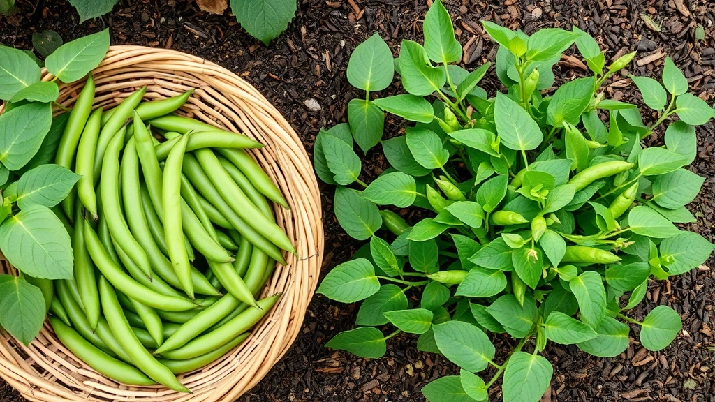 Overhead view of freshly harvested beans in woven basket next to thriving bush bean plants in raised garden bed with mulch, showing dense green foliage and ripe pods ready for picking