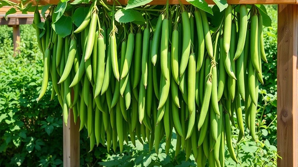 Mature pole bean vines heavily laden with long green pods climbing up wooden trellis structure, lush garden background with healthy foliage, bright daylight, abundant harvest ready for collection