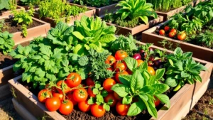 Vibrant raised garden beds filled with diverse vegetables including tomatoes, lettuce, peppers, and herbs growing in rich dark soil with green foliage, morning sunlight casting shadows, healthy plants in various growth stages