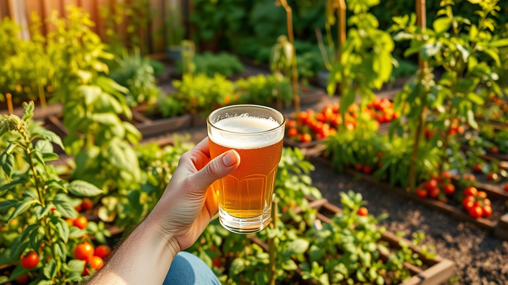 Person holding cold beer glass while sitting in lush vegetable garden with tomato plants and herb beds in background, warm afternoon light