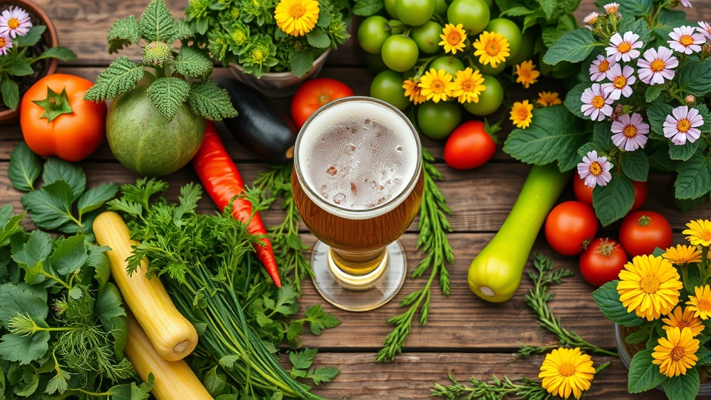 Overhead view of craft beer glass on wooden garden table surrounded by fresh harvested vegetables, herbs, and flowering plants