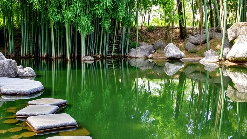 Serene water pond with stepping stones and bamboo grove reflection, natural rocks, no people visible