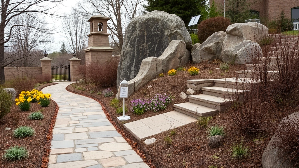 Ornate stone pathway winding through layered plantings with weathered scholar rock focal point and architectural structure