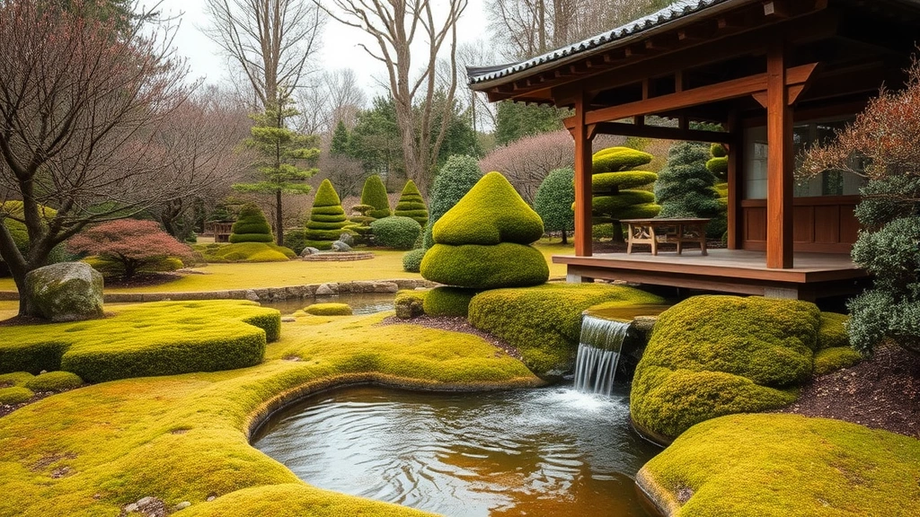 Japanese-influenced garden with cascading water feature, moss-covered ground, manicured shrubs, and wooden pavilion structure
