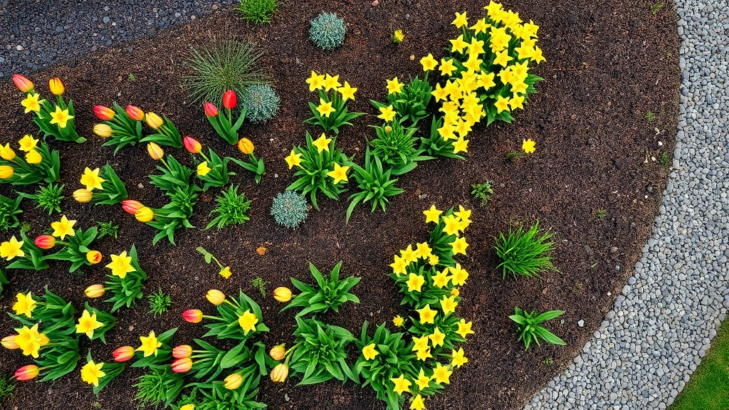 Overhead view of colorful spring perennial border with tulips, daffodils, and emerging hostas in formal garden layout with mulched beds and winding gravel pathways