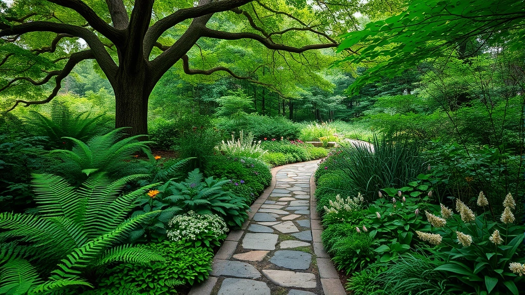 Wide angle of lush green woodland shade garden with native ferns, hostas, and shade-tolerant flowering plants under mature tree canopy with natural stone pathway
