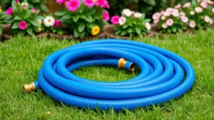 A coiled expandable garden hose in vibrant blue color on green grass, showing compact storage form with brass fittings visible, garden setting with flowering plants in background