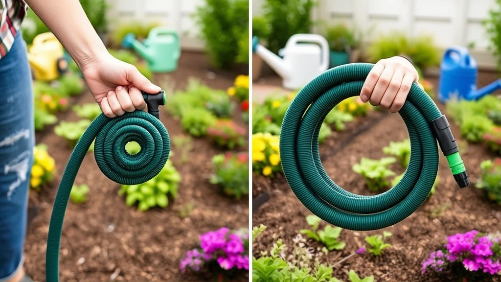 Gardener hand holding and demonstrating the compact retracted expandable hose compared to its expanded length side-by-side, showing the dramatic size difference with garden beds and watering cans in background