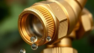 Close-up of brass garden hose fittings showing quality connection details with water droplets, professional gardening equipment
