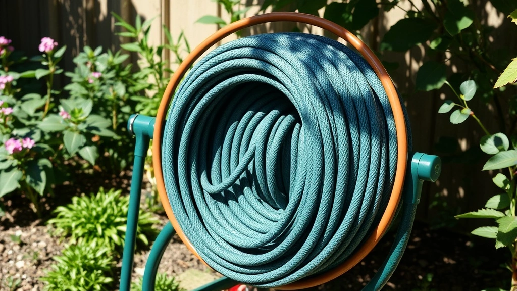 Neatly coiled garden hose stored on hose reel in shaded garden area, demonstrating proper storage and hose organization methods