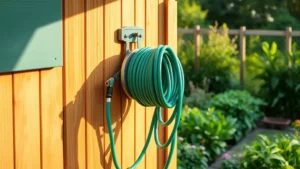 Wall-mounted garden hose reel on wooden shed wall with coiled green hose, lush garden beds visible in background, morning sunlight
