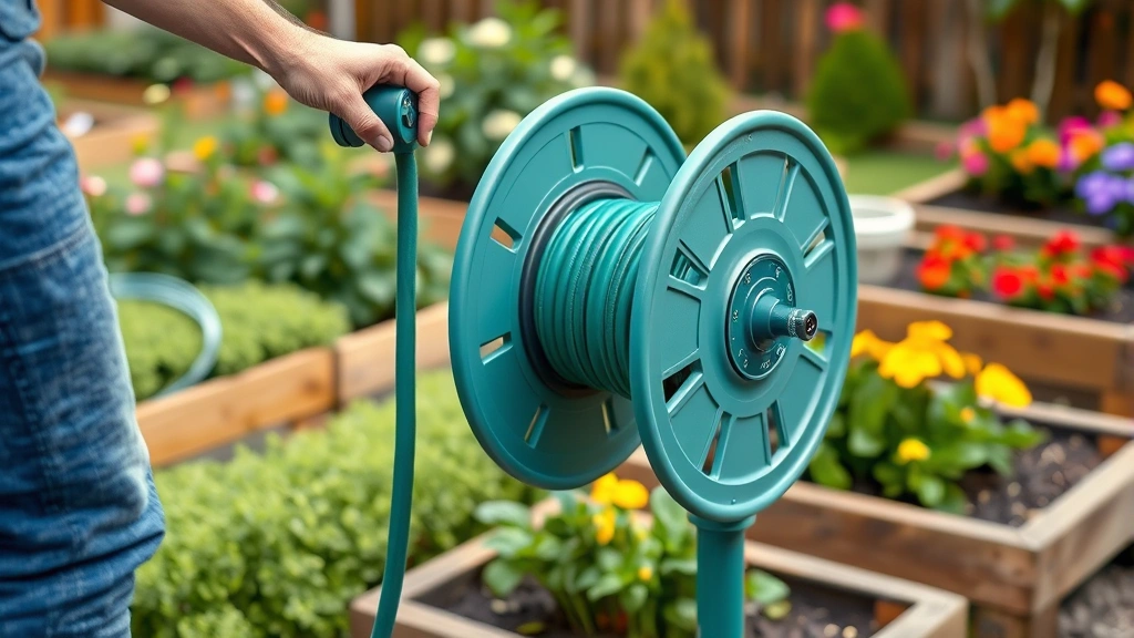 Person winding manual hose reel with 100-foot capacity, organized garden landscape with raised beds and flowering plants visible