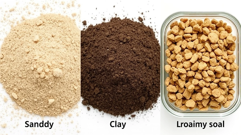 Comparison of three soil types side by side: sandy soil on left appearing light and loose, clay soil in middle appearing dense and dark, loamy soil on right showing ideal crumbly texture, in clear containers