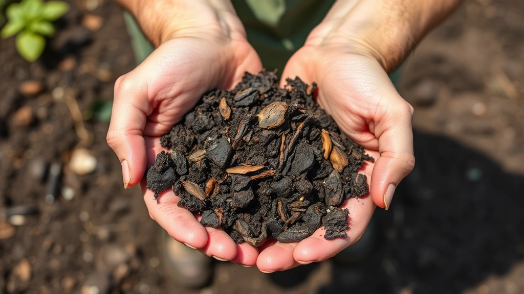 Gardener's hands holding finished dark compost with visible decomposed organic matter, vibrant and nutrient-rich, natural outdoor lighting showing excellent soil amendment material