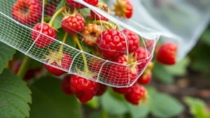 Close-up of quarter-inch polyethylene bird netting mesh draped over ripening raspberry bushes with fresh red berries visible, garden setting, professional installation with proper tension