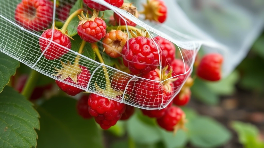 Close-up of quarter-inch polyethylene bird netting mesh draped over ripening raspberry bushes with fresh red berries visible, garden setting, professional installation with proper tension