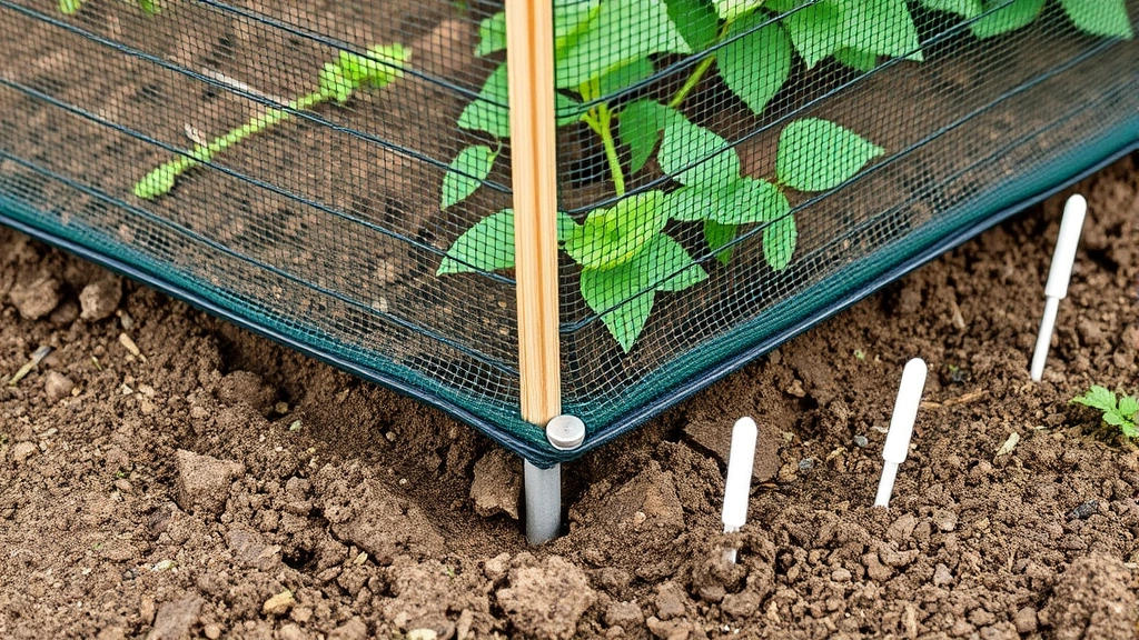 Detailed shot of properly anchored netting edges with landscape pins and ground stakes along garden bed perimeter, soil visible, professional installation demonstrating complete seal without gaps