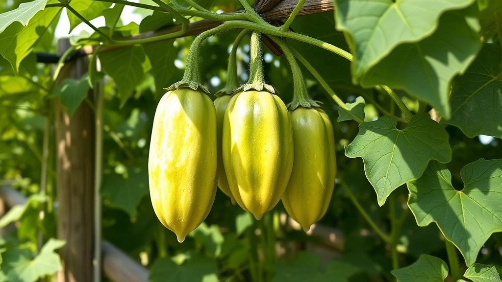 Mature bitter melon vine with bright green warty fruits hanging from sturdy trellis, heart-shaped leaves visible, morning sunlight filtering through foliage