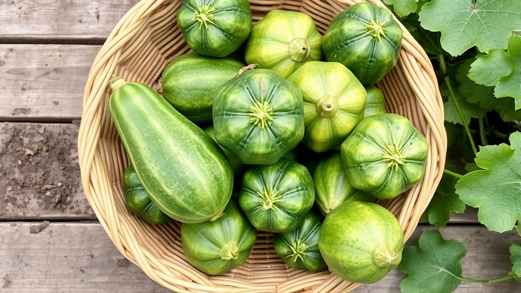 Harvested basket of fresh green bitter melon fruits at various stages of maturity, displaying characteristic bumpy texture, arranged on wooden garden table with soil visible
