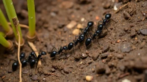 Close-up of black garden ants in a line on moist soil near plant roots, showing their shiny dark bodies and organized foraging trail with soil particles visible