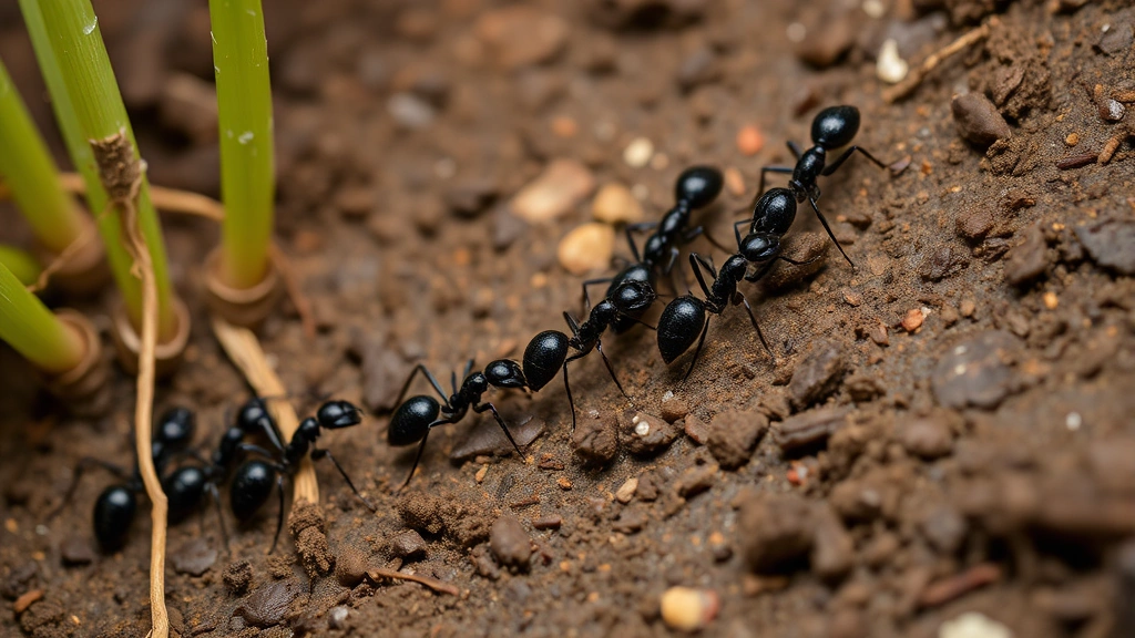 Close-up of black garden ants in a line on moist soil near plant roots, showing their shiny dark bodies and organized foraging trail with soil particles visible
