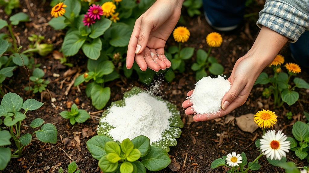 Hands applying organic pest control treatment near garden plants, showing practical application of diatomaceous earth or borax bait in a garden setting with vegetables and flowers visible