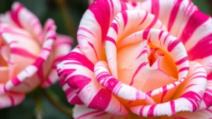 Close-up of vibrant variegated rose petals showing pink and white striped pattern with dewdrops, professional garden photography