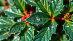 Close-up of Blue Prince holly's deep blue-green glossy spiny leaves with morning dew droplets, showing detailed leaf texture and color intensity in natural sunlight