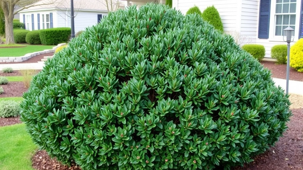 Mature Blue Prince holly shrub in a residential landscape setting during spring, displaying pyramidal form with dense evergreen foliage in garden context