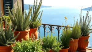Lush Mediterranean herb garden with rosemary, thyme, and oregano growing in terracotta pots on a sunny Italian terrace overlooking distant blue lake waters, warm golden afternoon light