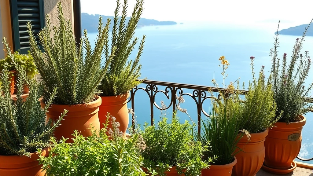 Lush Mediterranean herb garden with rosemary, thyme, and oregano growing in terracotta pots on a sunny Italian terrace overlooking distant blue lake waters, warm golden afternoon light