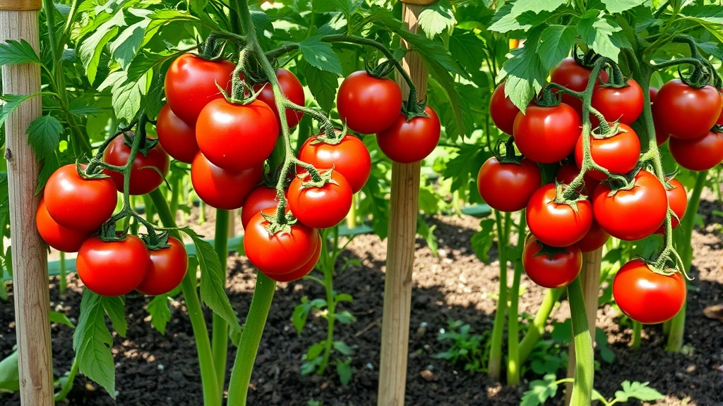 Mature tomato plants heavy with ripe red fruit growing on sturdy wooden stakes in a well-mulched vegetable garden bed with green foliage and morning sunlight filtering through leaves