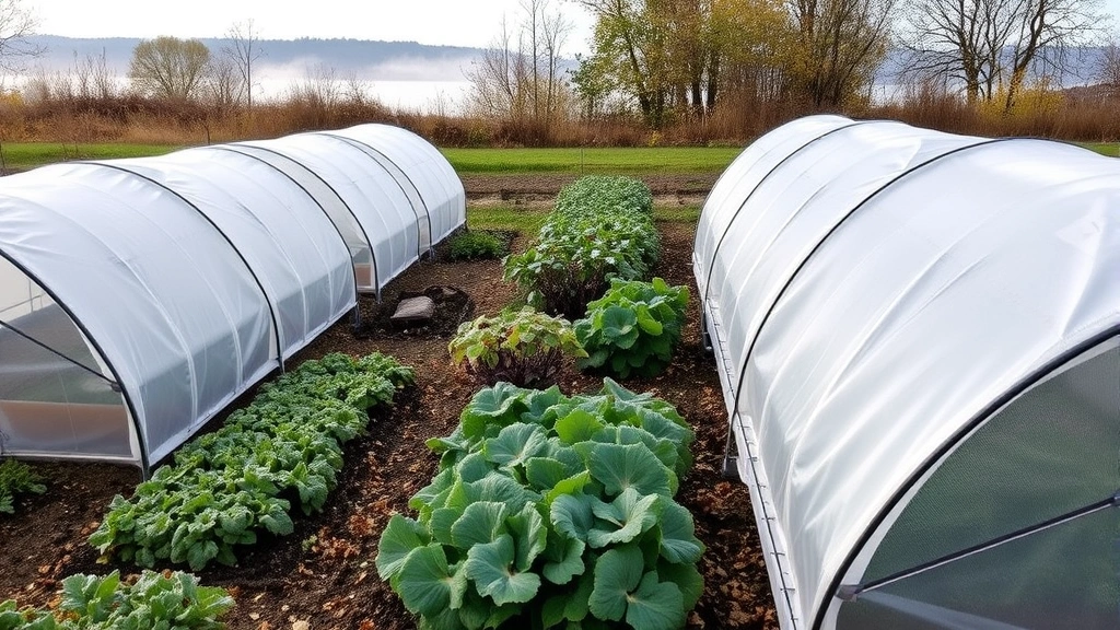 Row of cold frames and low tunnels protecting autumn vegetables including leafy greens and brassicas in a garden with misty morning frost on the protective covers and lake visible in background