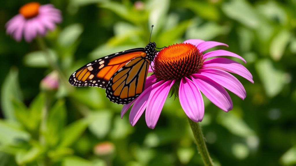 Vibrant orange and black monarch butterfly perched on bright purple coneflower bloom, detailed wing patterns visible, green garden foliage softly blurred in background, natural sunlight