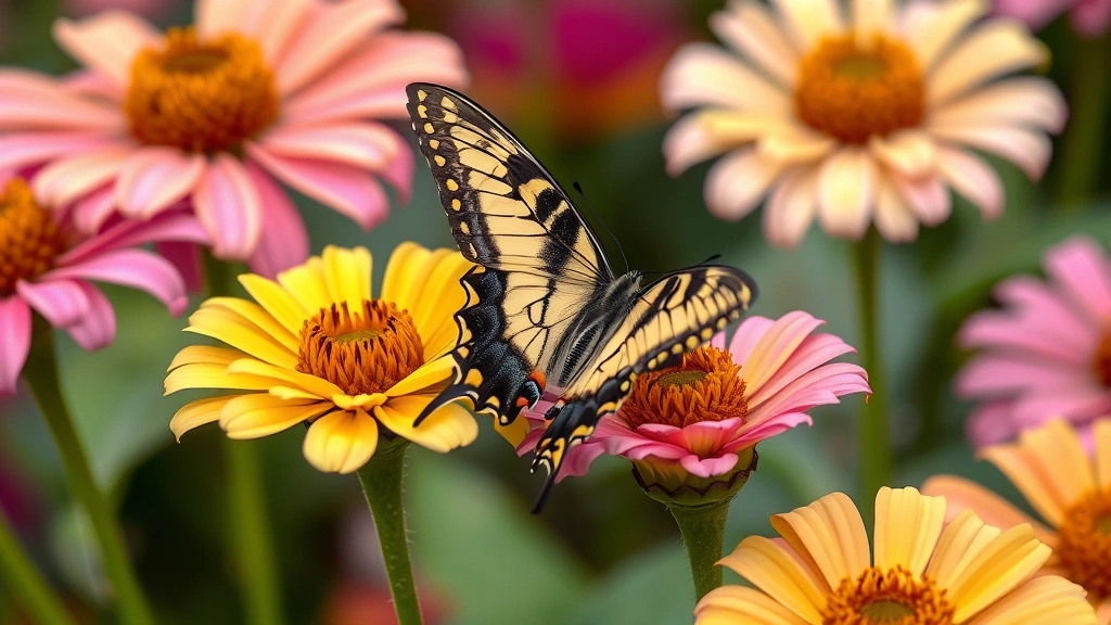 Close-up of delicate swallowtail butterfly on yellow and pink zinnia flowers, multiple flower blooms surrounding the butterfly, green stems and leaves visible