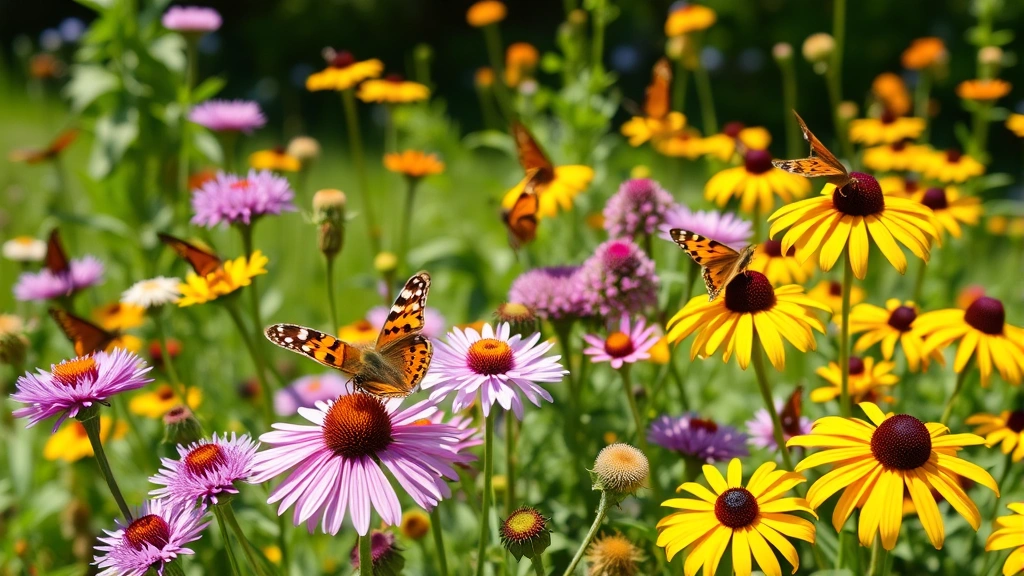 Wide garden scene with multiple butterfly species on various colorful flowers including purple asters, pink bee balm, and yellow black-eyed Susans in afternoon sunlight