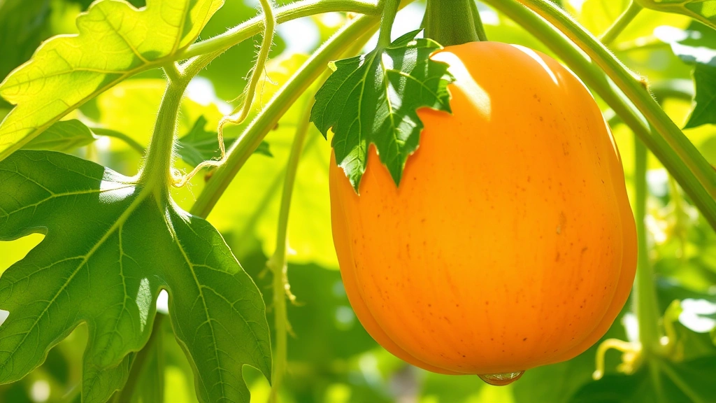 Close-up of vibrant orange butternut squash hanging on sturdy vine with large green leaves and tendrils in bright sunlight