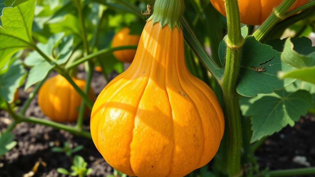 Close-up of mature butternut squash plant with large orange fruits growing on dark green vines in sunlit garden bed, showing the characteristic ribbed gourd shape and thick stem